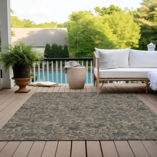Khaki Beige And Gray Floral Washable Indoor Outdoor Area Rug Photo 9