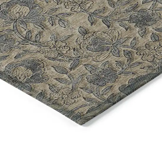 Khaki Beige And Gray Floral Washable Indoor Outdoor Area Rug Photo 3