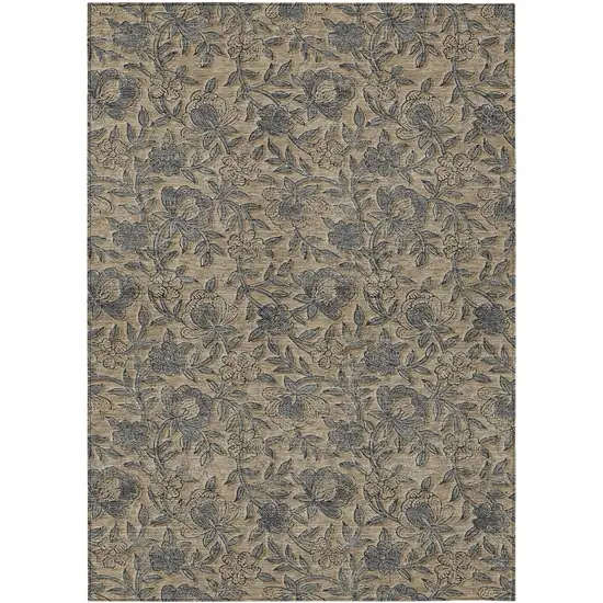 Khaki Beige And Gray Floral Washable Indoor Outdoor Area Rug Photo 1