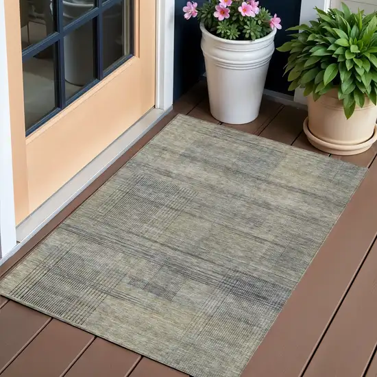 Khaki Beige And Gray Striped Washable Indoor Outdoor Area Rug Photo 1