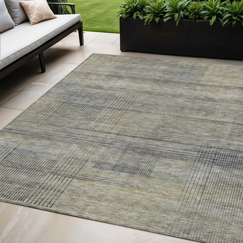 Khaki Beige And Gray Striped Washable Indoor Outdoor Area Rug Photo 1