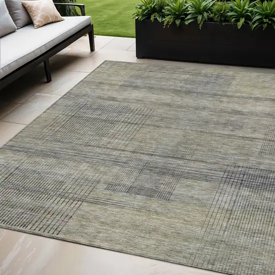 Khaki Beige And Gray Striped Washable Indoor Outdoor Area Rug Photo 1