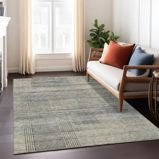 Khaki Beige And Gray Striped Washable Indoor Outdoor Area Rug Photo 9