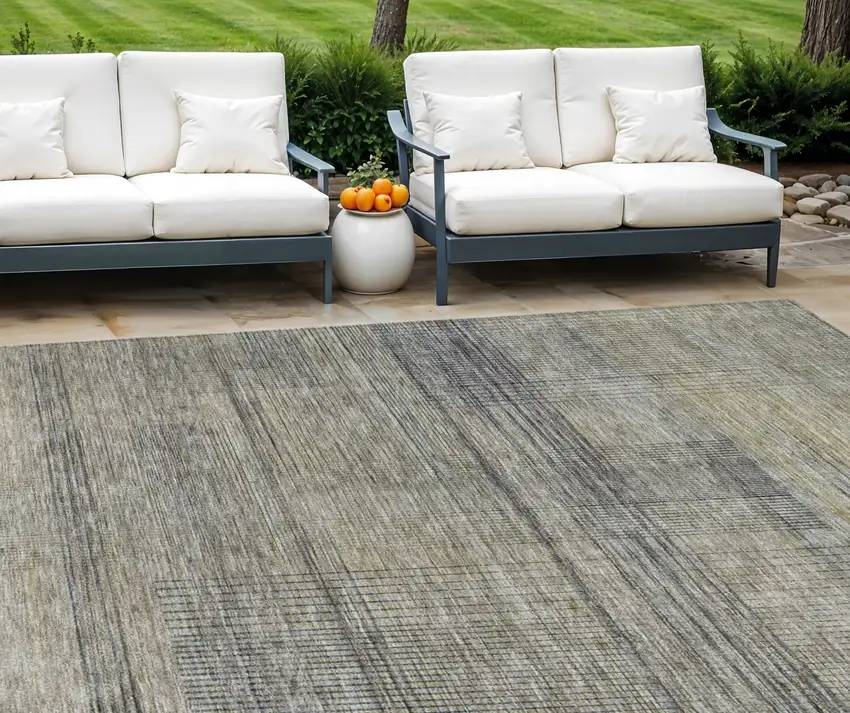 Khaki Beige And Gray Striped Washable Indoor Outdoor Area Rug Photo 1