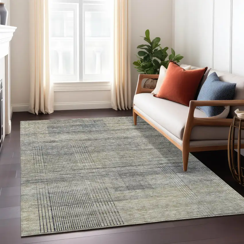 Khaki Beige And Gray Striped Washable Indoor Outdoor Area Rug Photo 9