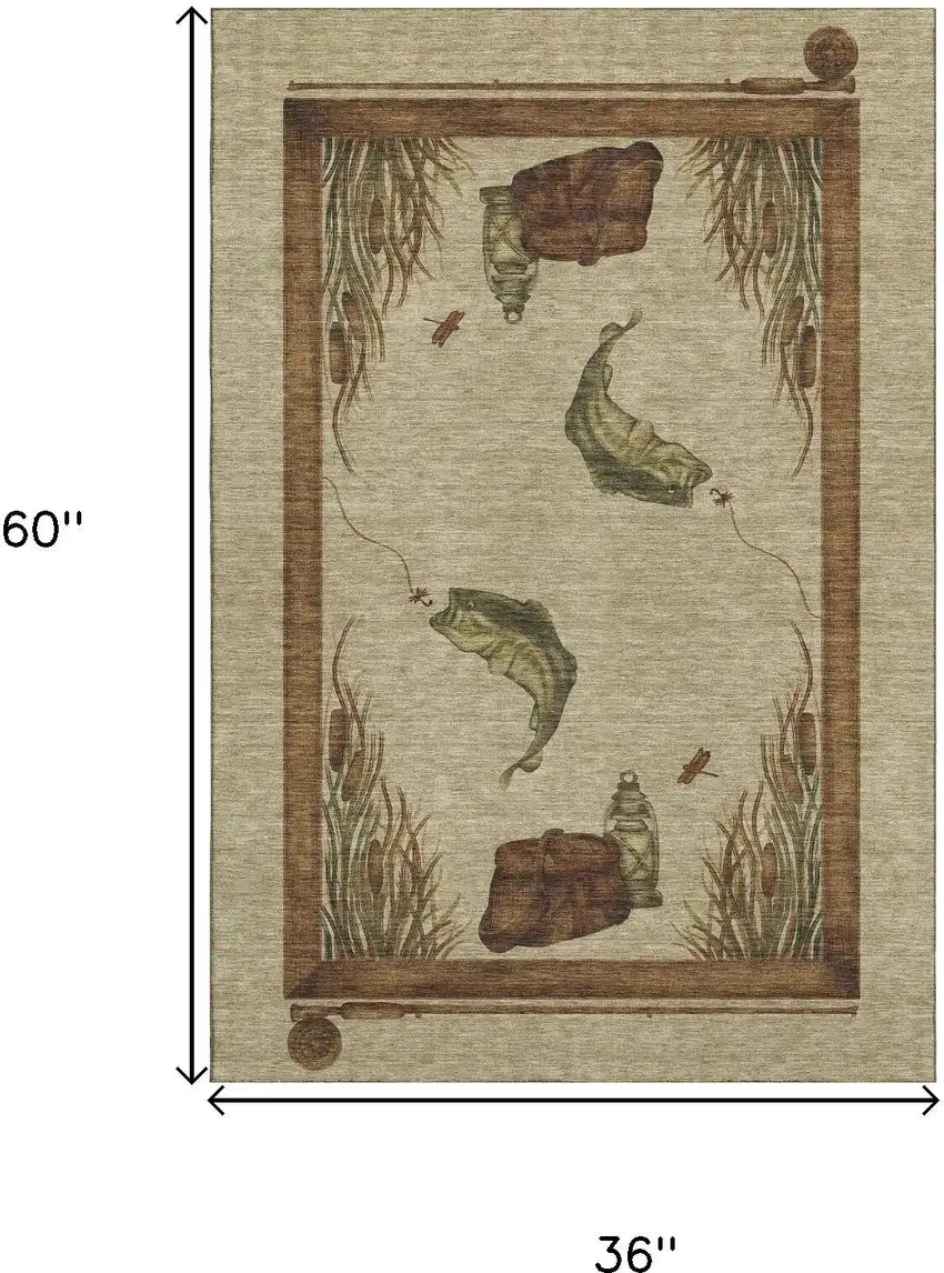 Khaki Beige And Green Nautical Washable Area Rug With UV Protection Photo 3