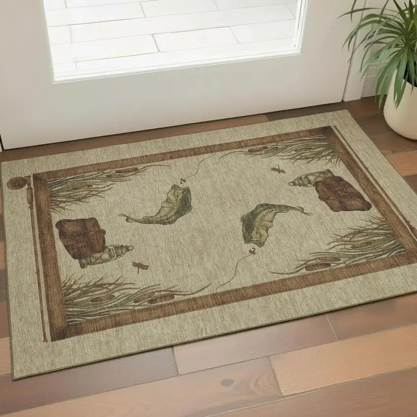 Khaki Beige And Green Nautical Washable Area Rug With UV Protection Photo 1