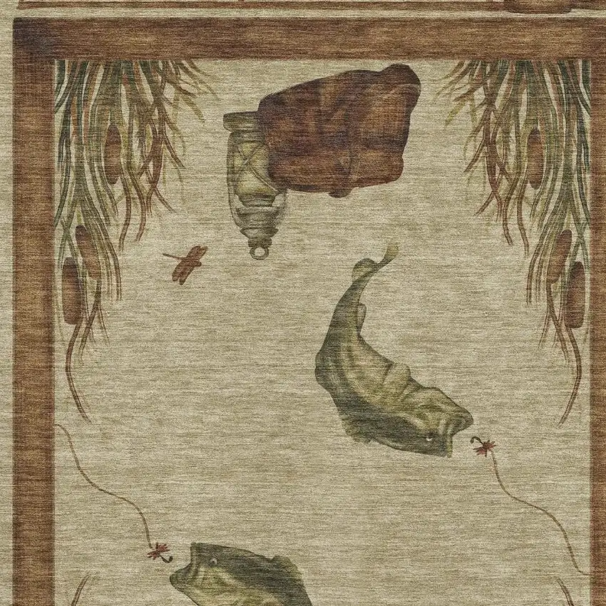 Khaki Beige And Green Nautical Washable Area Rug With UV Protection Photo 4