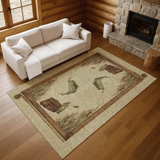 Khaki Beige And Green Nautical Washable Area Rug With UV Protection Photo 7