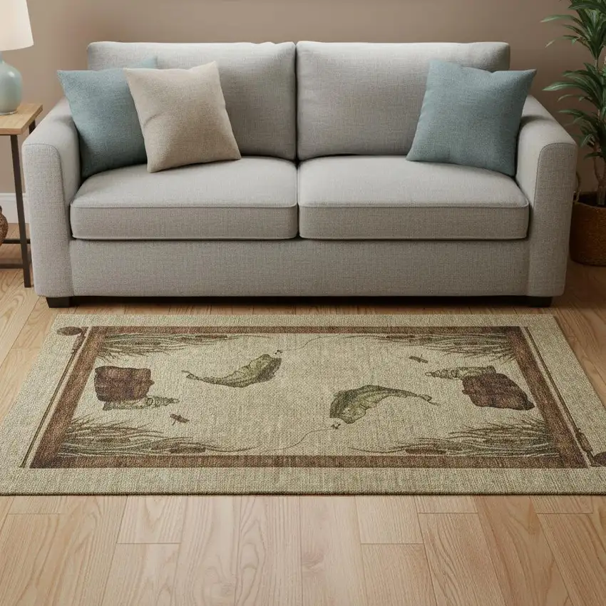 Khaki Beige And Green Nautical Washable Area Rug With UV Protection Photo 1