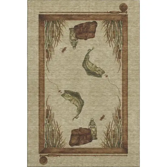 Khaki Beige And Green Nautical Washable Area Rug With UV Protection Photo 2