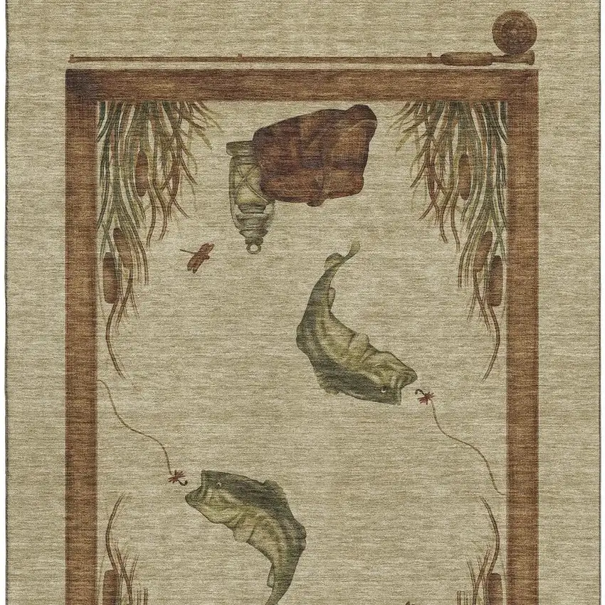 Khaki Beige And Green Nautical Washable Area Rug With UV Protection Photo 4