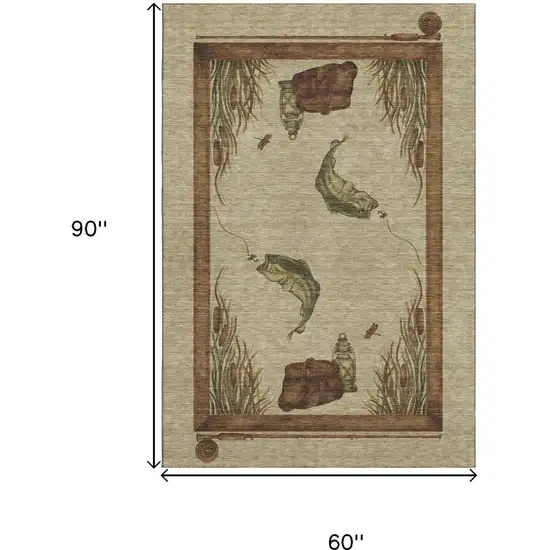 Khaki Beige And Green Nautical Washable Area Rug With UV Protection Photo 3