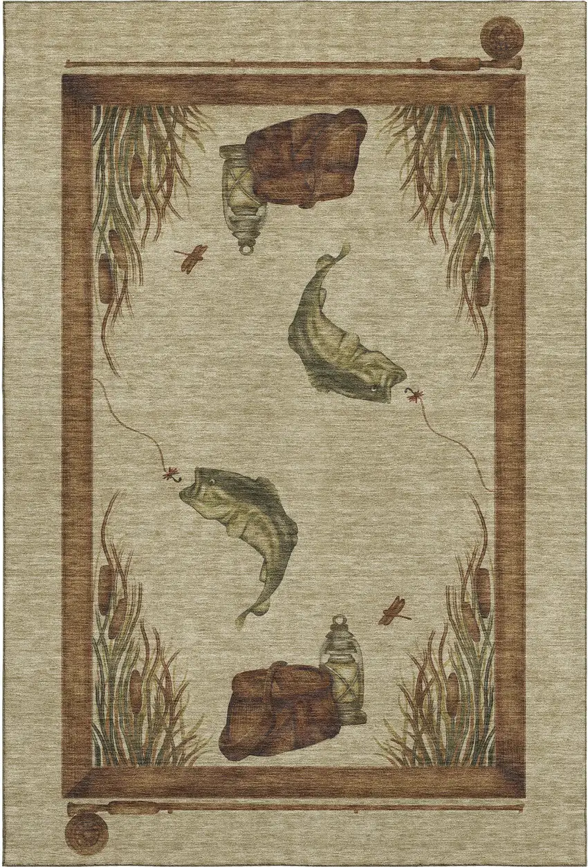 Khaki Beige And Green Nautical Washable Area Rug With UV Protection Photo 2