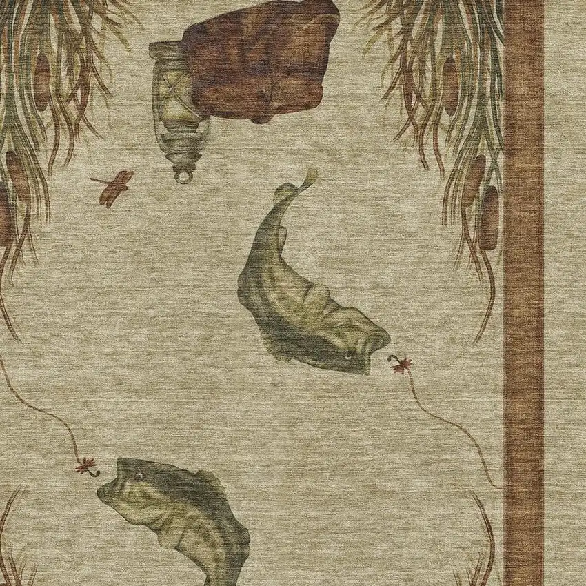 Khaki Beige And Green Nautical Washable Area Rug With UV Protection Photo 4