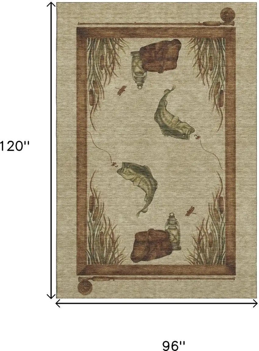 Khaki Beige And Green Nautical Washable Area Rug With UV Protection Photo 3