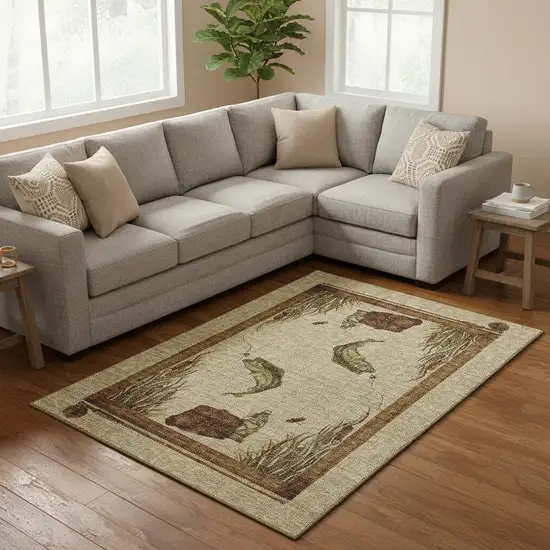 Khaki Beige And Green Nautical Washable Area Rug With UV Protection Photo 1