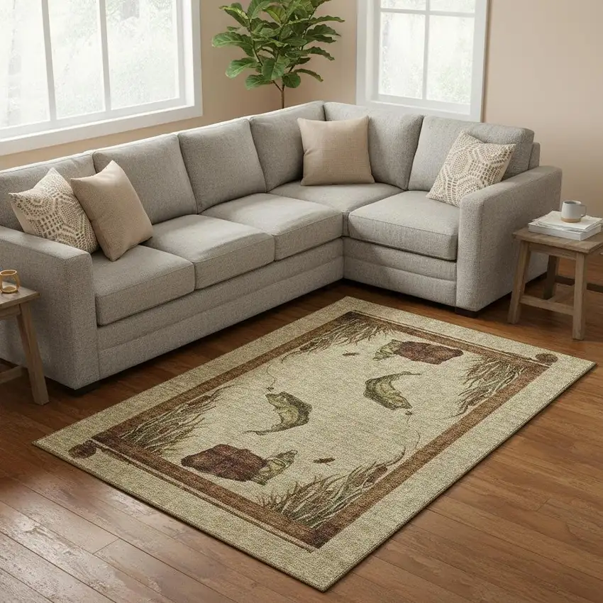 Khaki Beige And Green Nautical Washable Area Rug With UV Protection Photo 1