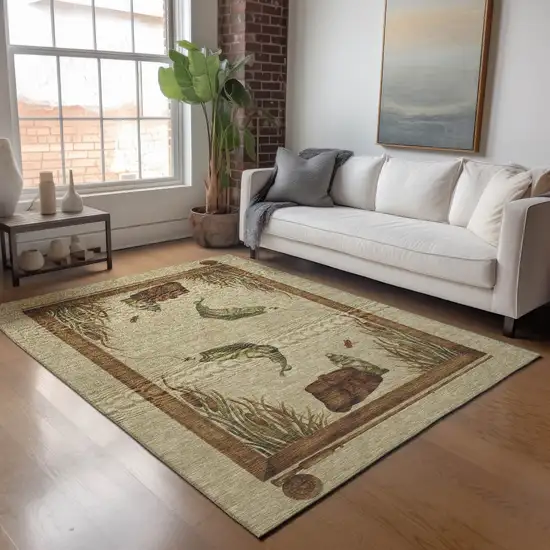 Khaki Beige And Green Nautical Washable Area Rug With UV Protection Photo 6