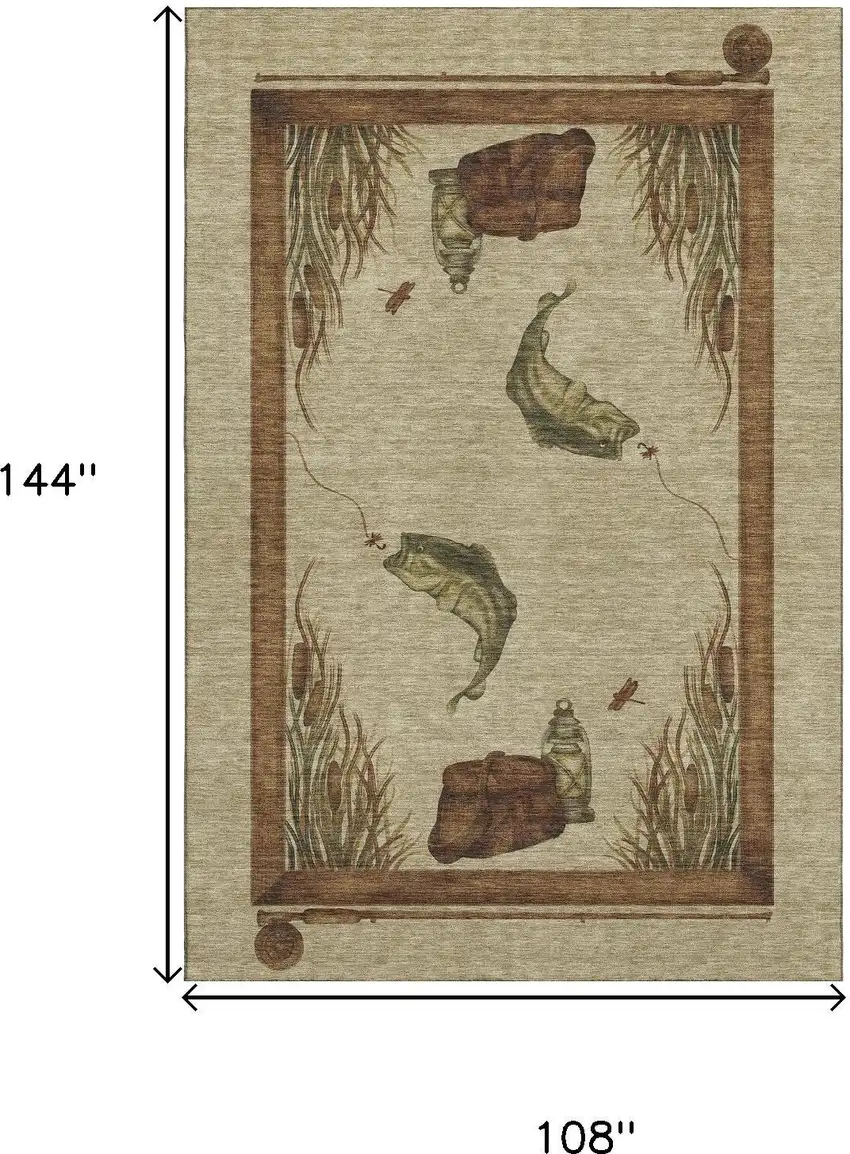 Khaki Beige And Green Nautical Washable Area Rug With UV Protection Photo 3