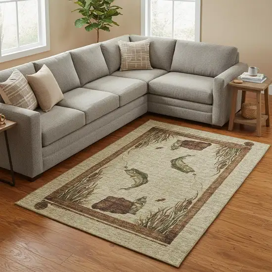 Khaki Beige And Green Nautical Washable Area Rug With UV Protection Photo 1