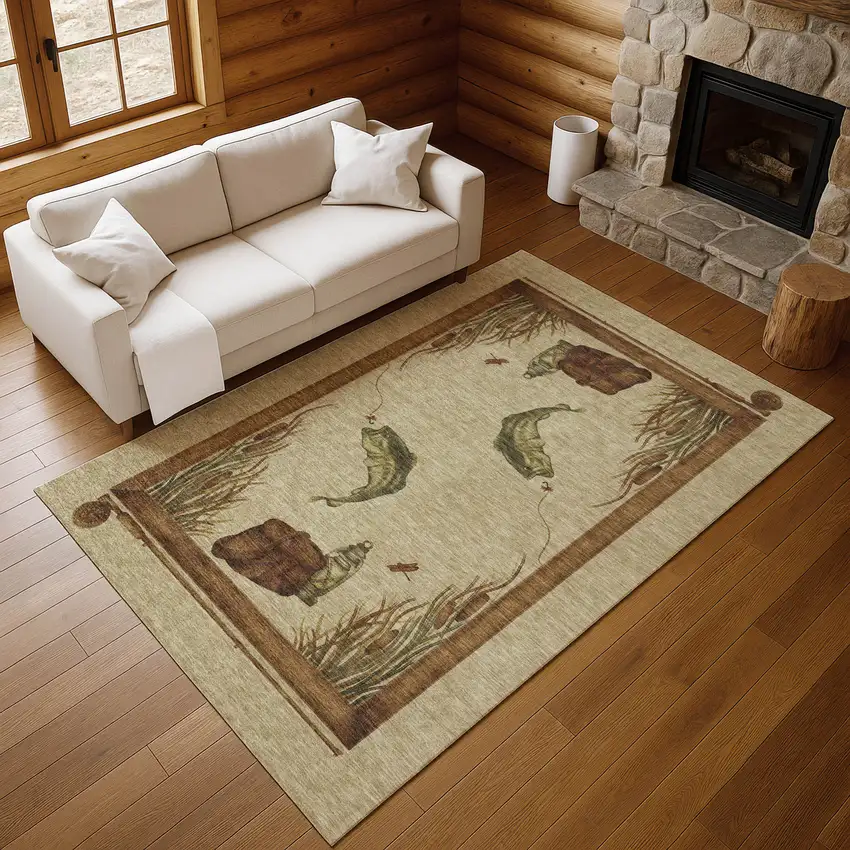 Khaki Beige And Green Nautical Washable Area Rug With UV Protection Photo 7