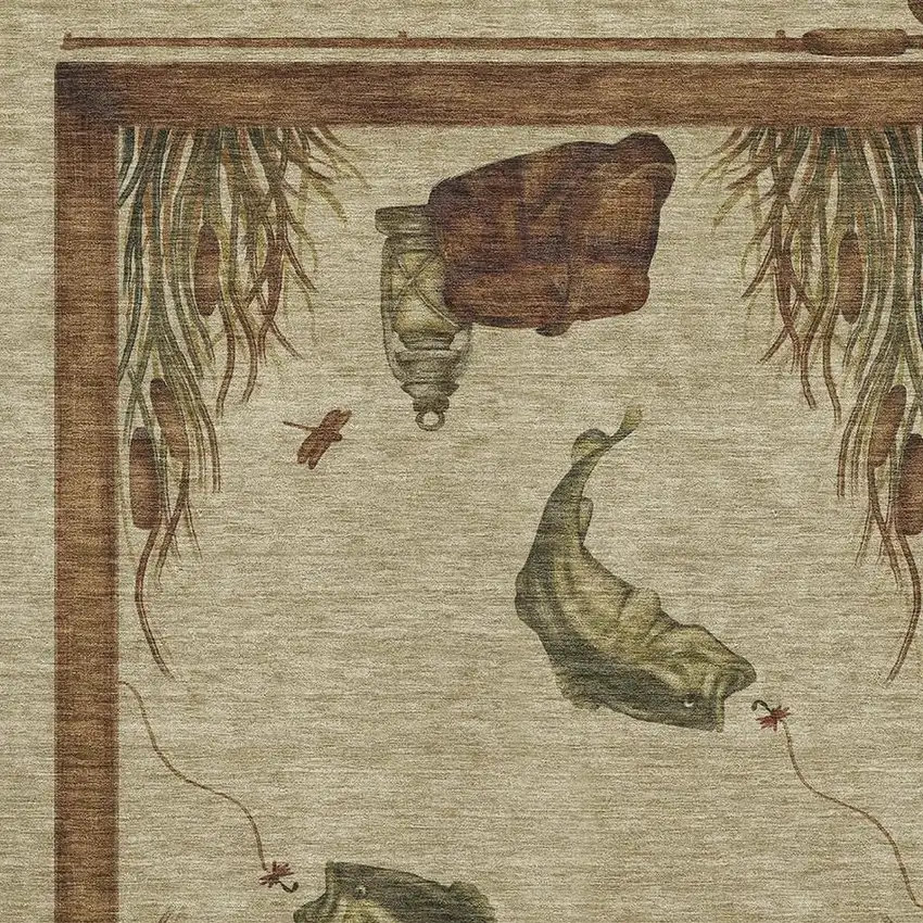 Khaki Beige And Green Nautical Washable Area Rug With UV Protection Photo 4