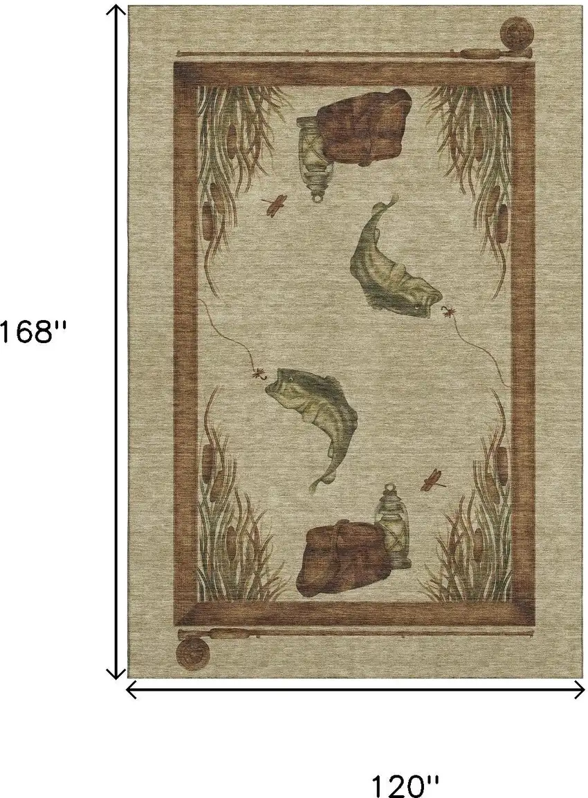 Khaki Beige And Green Nautical Washable Area Rug With UV Protection Photo 3