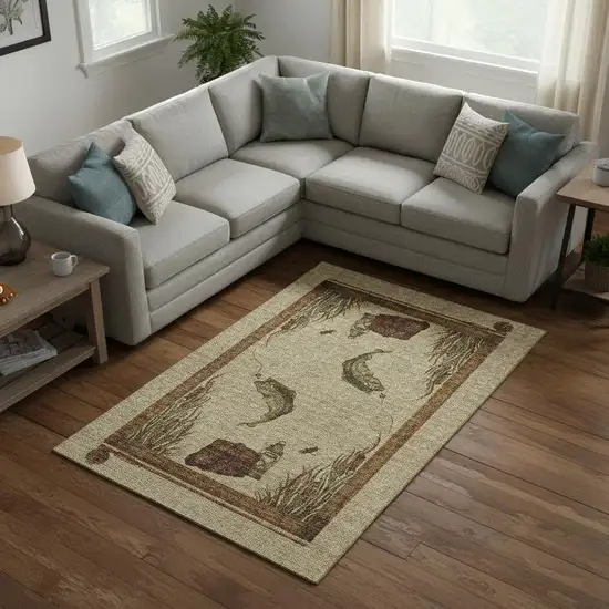 Khaki Beige And Green Nautical Washable Area Rug With UV Protection Photo 1