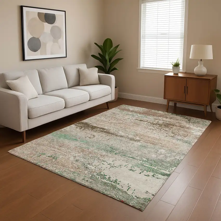 Khaki Beige And Ivory Abstract Washable Area Rug With UV Protection Photo 4