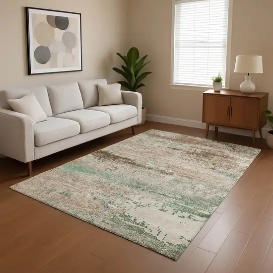 Khaki Beige And Ivory Abstract Washable Area Rug With UV Protection Photo 4