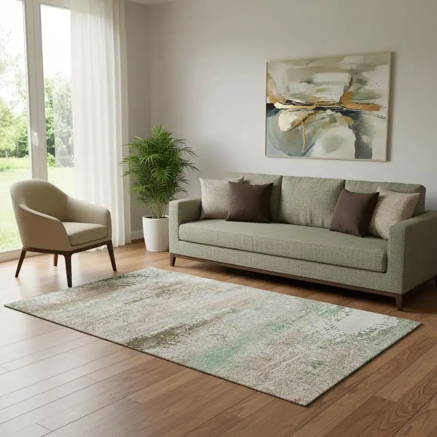 Khaki Beige And Ivory Abstract Washable Area Rug With UV Protection Photo 2