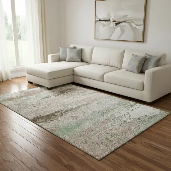 Khaki Beige And Ivory Abstract Washable Area Rug With UV Protection Photo 2