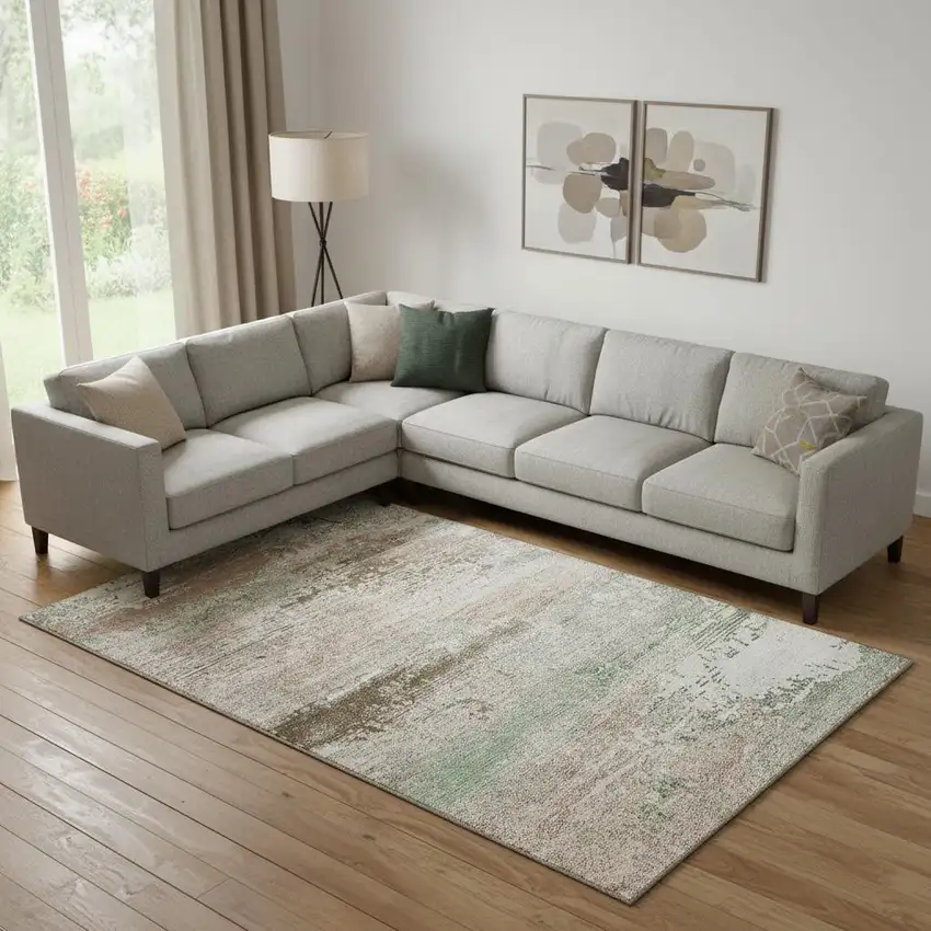 Khaki Beige And Ivory Abstract Washable Area Rug With UV Protection Photo 2