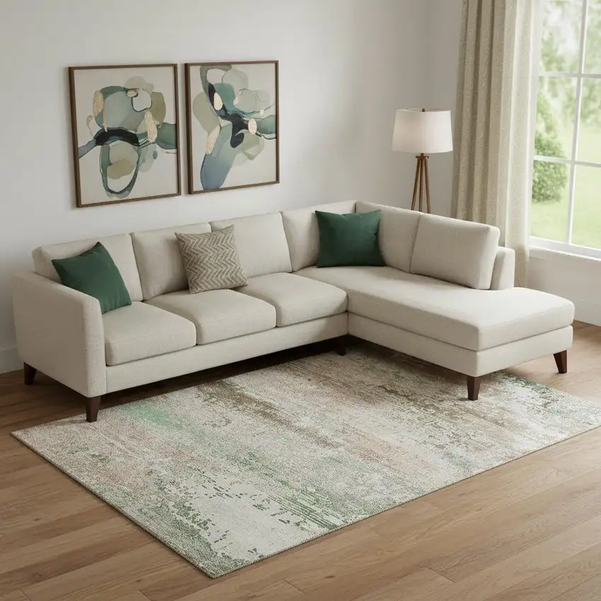 Khaki Beige And Ivory Abstract Washable Area Rug With UV Protection Photo 2