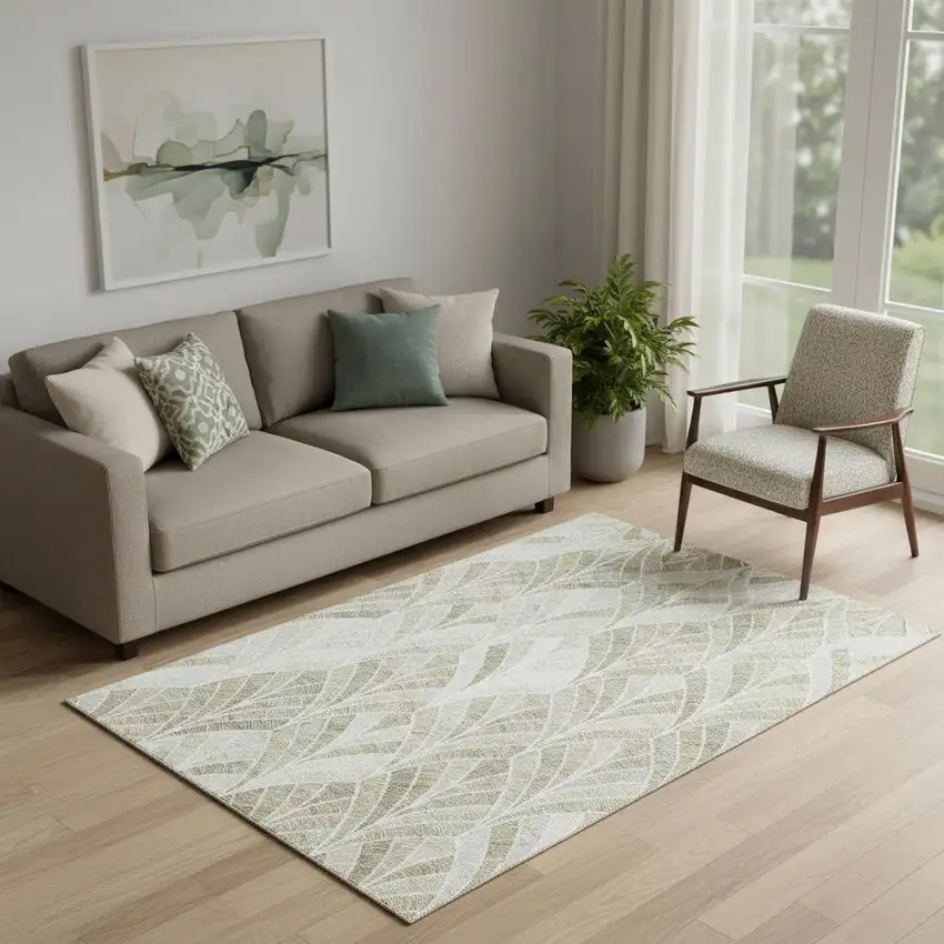 Khaki Beige And Ivory Geometric Washable Area Rug With UV Protection Photo 1