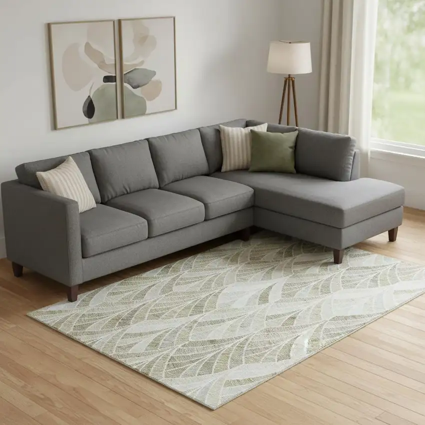 Khaki Beige And Ivory Geometric Washable Area Rug With UV Protection Photo 1