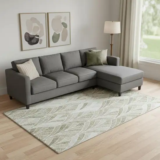 Khaki Beige And Ivory Geometric Washable Area Rug With UV Protection Photo 1