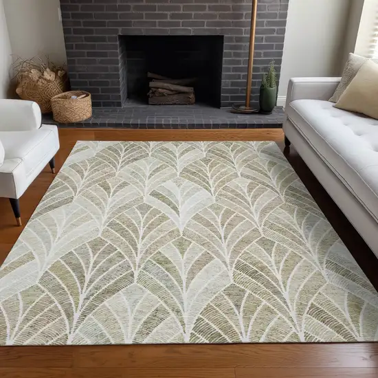 Khaki Beige And Ivory Geometric Washable Area Rug With UV Protection Photo 5
