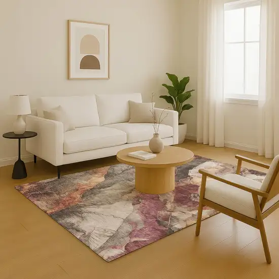 Khaki Beige And Mauve Floral Washable Area Rug With UV Protection Photo 3