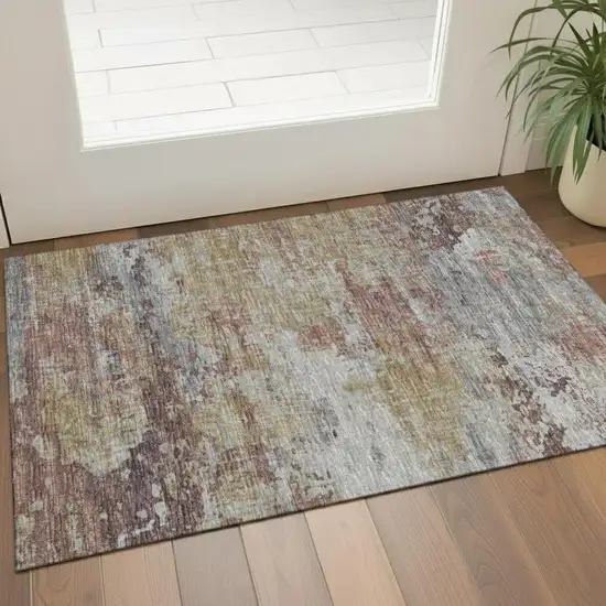 Khaki Beige And Mauve Floral Washable Area Rug With UV Protection Photo 2