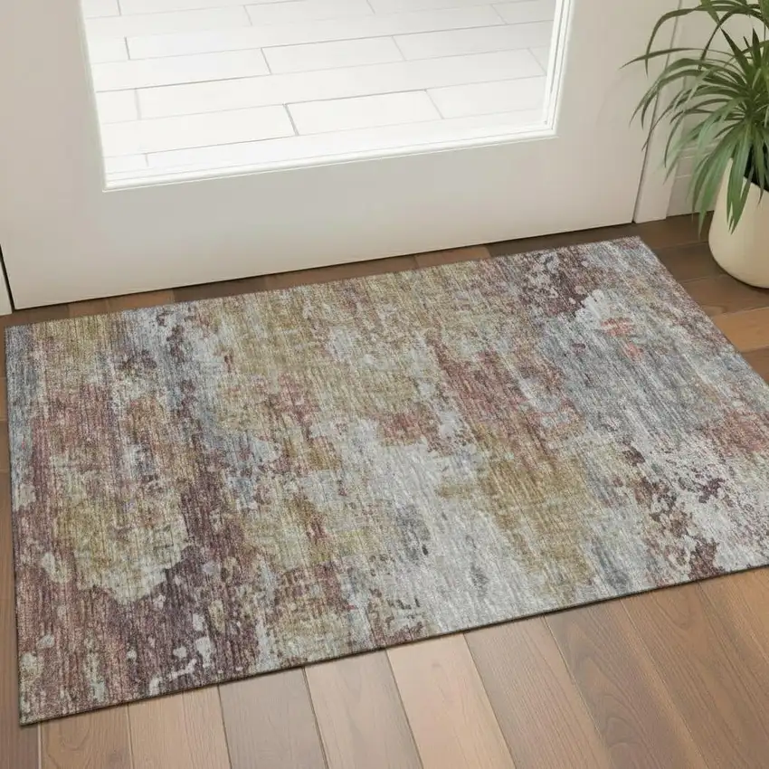 Khaki Beige And Mauve Floral Washable Area Rug With UV Protection Photo 2