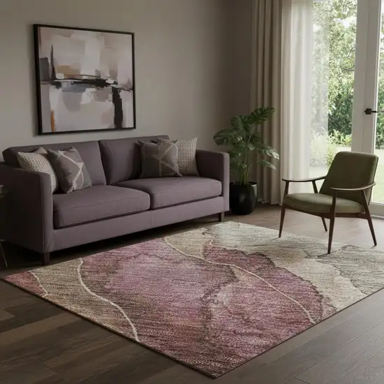 Khaki Beige And Mauve Floral Washable Area Rug With UV Protection Photo 2