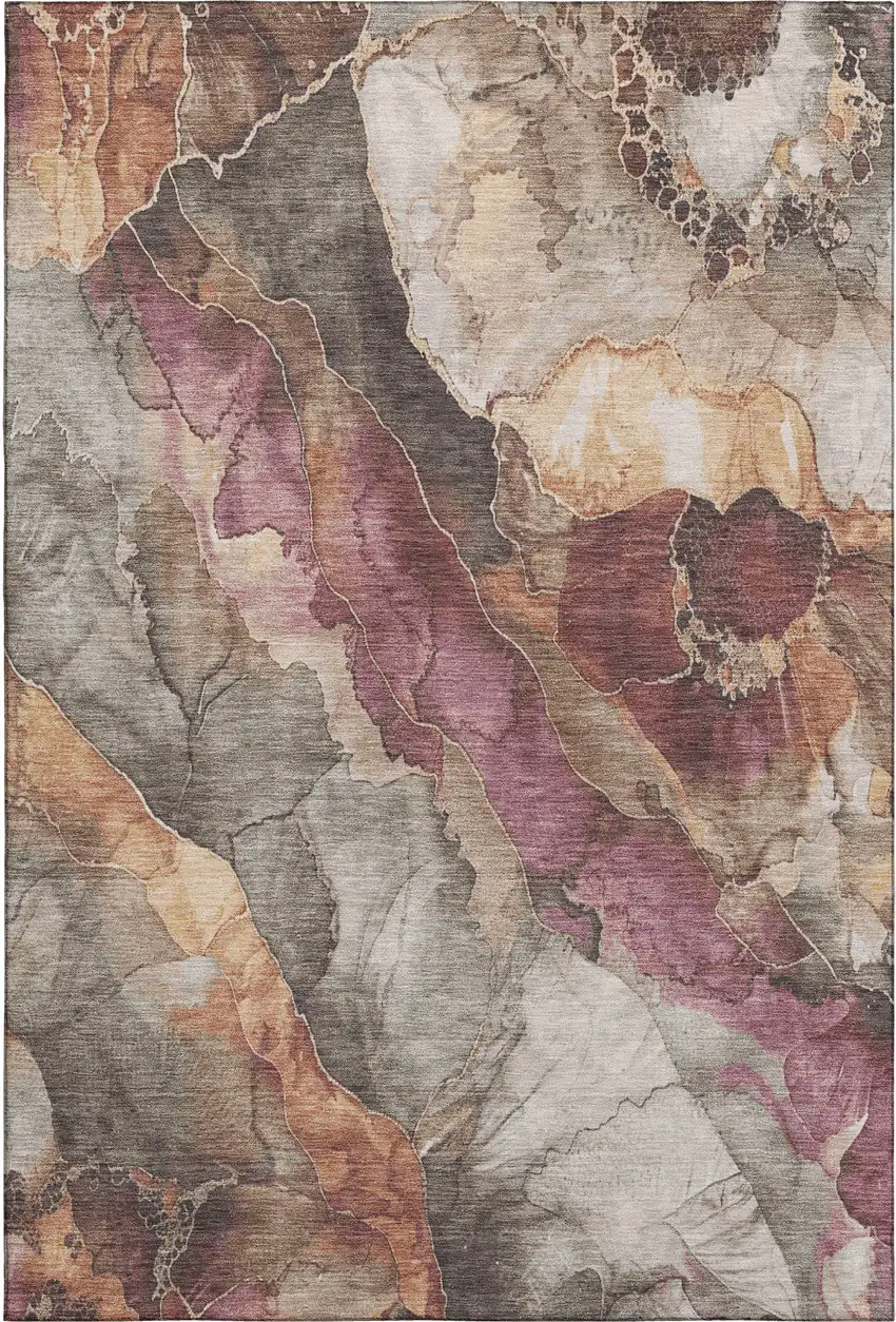 Khaki Beige And Mauve Floral Washable Area Rug With UV Protection Photo 5