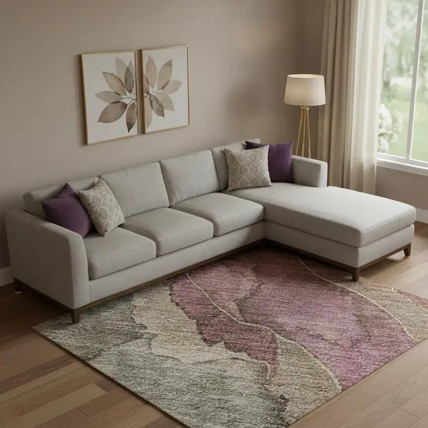 Khaki Beige And Mauve Floral Washable Area Rug With UV Protection Photo 2