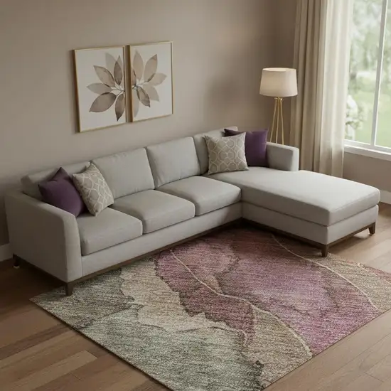 Khaki Beige And Mauve Floral Washable Area Rug With UV Protection Photo 2