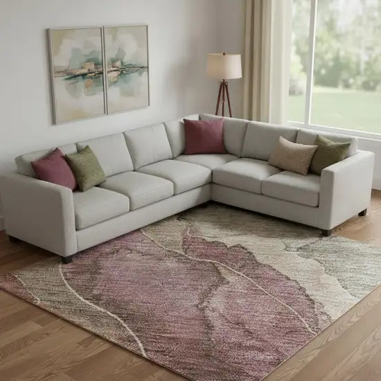 Khaki Beige And Mauve Floral Washable Area Rug With UV Protection Photo 2