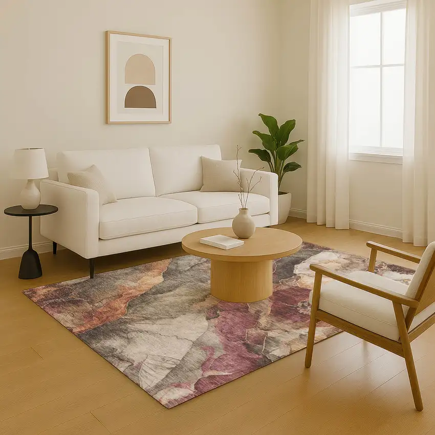 Khaki Beige And Mauve Floral Washable Area Rug With UV Protection Photo 3