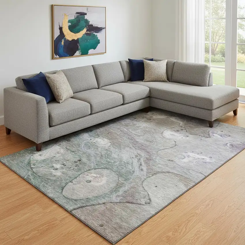 Khaki Beige And Purple Abstract Washable Area Rug With UV Protection Photo 2