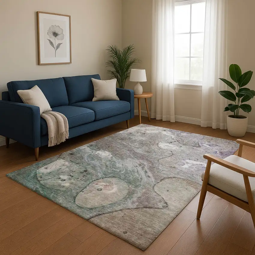 Khaki Beige And Purple Abstract Washable Area Rug With UV Protection Photo 5